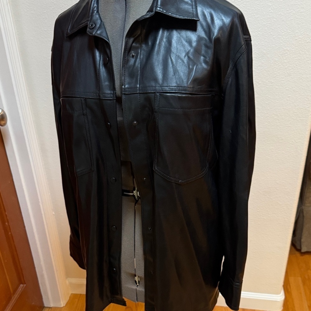 Black Leather Button-Up Jacket - image 2